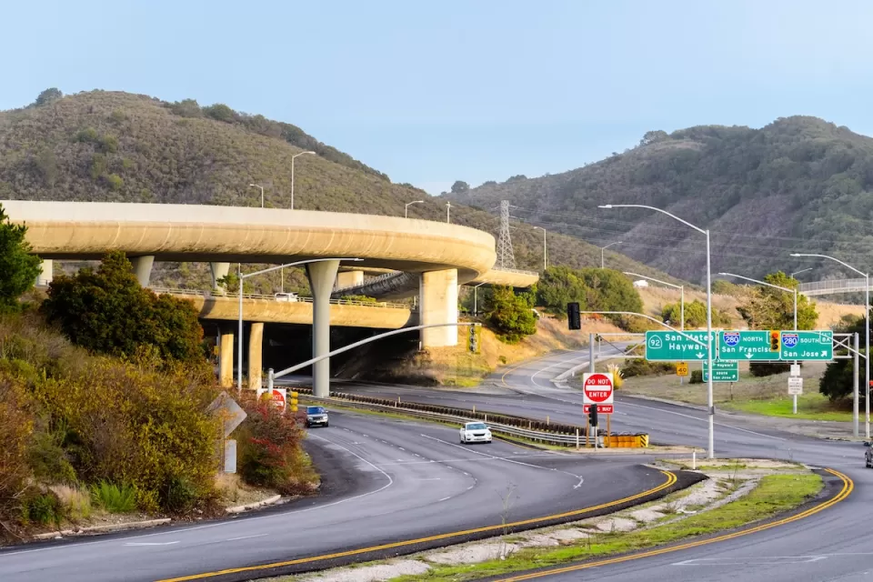Freeway in San Mateo, California with overpass.